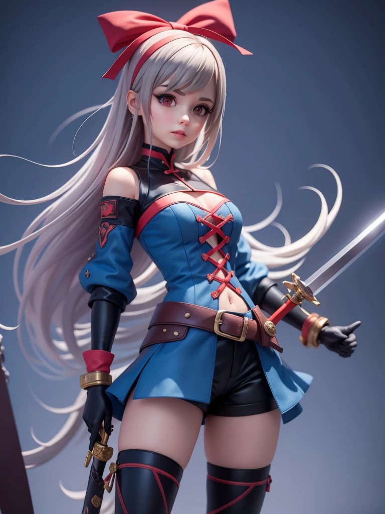 female mascot, small, , Ray-tracing, Waist slender, small, with ancient clothes, detailed, Russian robes, warm clothing, hot pants e botas, with sword in hand, futuristic gun pointing left, pose to the left, detailed doom style sword, large sword with different colors, futuristic sword, cintura small, complex light, cyberpunk sword in hand, sock with horizontal stripes in two colors up to the thigh, complex light, wool, pants with many folds, exclusive gloves, dynamic position, dark look, dark look, giant sword in hand, attacking, belts around the waist, detailed hem, giant laser sword, dark look, shorts, Darkening, Eyes red, Traits I didn't bring, prints, big thorns bracelet, shorth hair, Power spells,High subsurface, High subsurface, occlusion environment, ((dark look)), dark look, black costumes, shorth hair, big gloves, Bodysuit, (tied hair), hair divided into two, full-body vision, hair tied with ribbons and large bows, joelheiras detailed, ((blackquality hair)), ((blue short dress with stylish rip at the waist)),mortal kombat, detailed top, shoulder pads rich in details, Thigh-high boots, hair divided into two, stamped, red details,((sexy))
