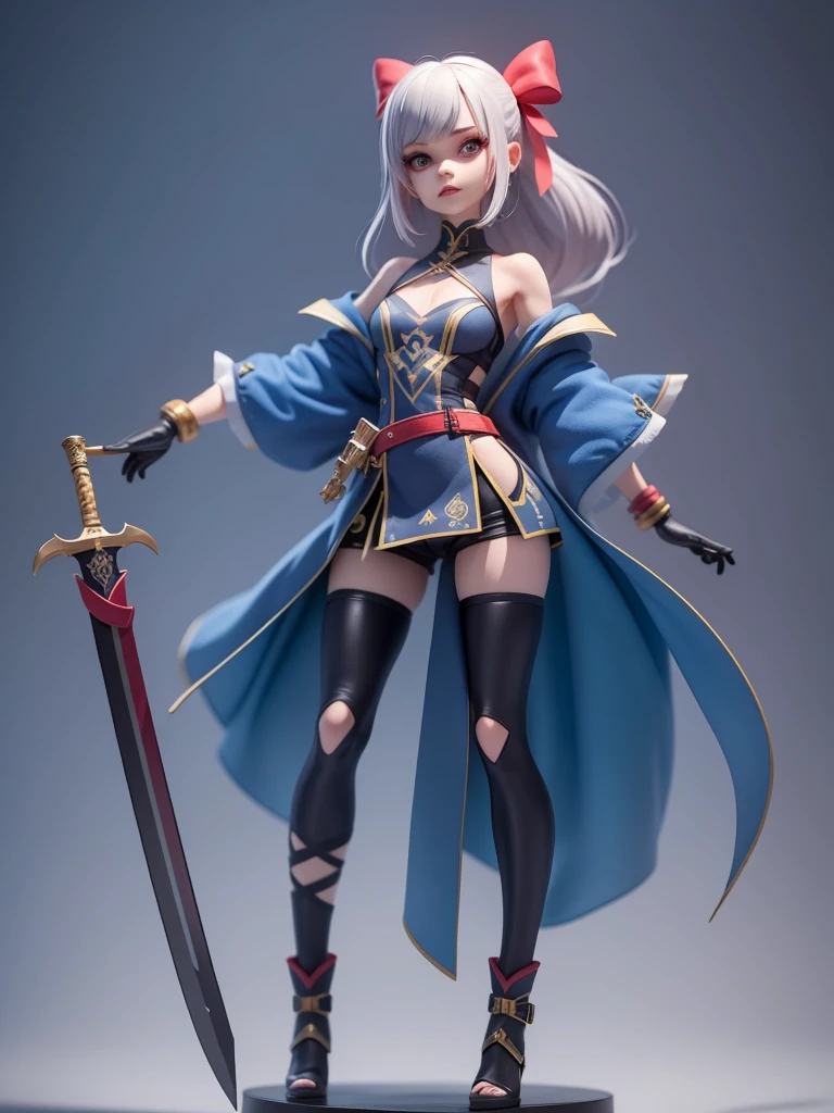 female mascot, small, , Ray-tracing, Waist slender, small, with ancient clothes, detailed, Russian robes, warm clothing, hot pants e botas, with sword in hand, futuristic gun pointing left, pose to the left, detailed doom style sword, large sword with different colors, futuristic sword, cintura small, complex light, cyberpunk sword in hand, sock with horizontal stripes in two colors up to the thigh, complex light, wool, pants with many folds, exclusive gloves, dynamic position, dark look, dark look, giant sword in hand, attacking, belts around the waist, detailed hem, giant laser sword, dark look, shorts, Darkening, Eyes red, Traits I didn't bring, prints, big thorns bracelet, shorth hair, Power spells,High subsurface, High subsurface, occlusion environment, ((dark look)), dark look, black costumes, shorth hair, big gloves, Bodysuit, (tied hair), hair divided into two, full-body vision, hair tied with ribbons and large bows, joelheiras detailed, ((blackquality hair)), ((blue short dress with stylish rip at the waist)),mortal kombat, detailed top, shoulder pads rich in details, Thigh-high boots, hair divided into two, stamped, red details,((sexy))