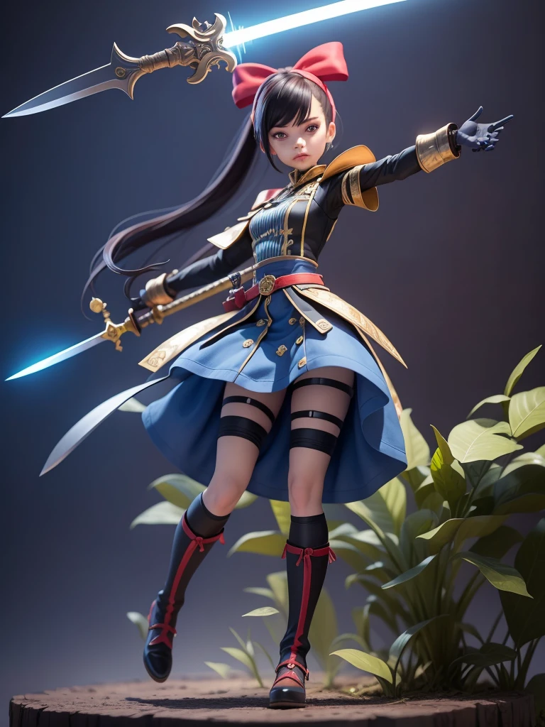 female mascot, small, , Ray-tracing, Waist slender, small, with ancient clothes, detailed, Russian robes, warm clothing, hot pants e botas, with sword in hand, futuristic gun pointing left, pose to the left, detailed doom style sword, large sword with different colors, futuristic sword, cintura small, complex light, cyberpunk sword in hand, sock with horizontal stripes in two colors up to the thigh, complex light, wool, pants with many folds, exclusive gloves, dynamic position, dark look, dark look, giant sword in hand, attacking, belts around the waist, detailed hem, giant laser sword, dark look, shorts, Darkening, Eyes red, Traits I didn't bring, prints, big thorns bracelet, shorth hair, Power spells,High subsurface, High subsurface, occlusion environment, ((dark look)), dark look, black costumes, shorth hair, big gloves, Bodysuit, (tied hair), hair divided into two, full-body vision, hair tied with ribbons and large bows, joelheiras detailed, ((blackquality hair)), ((blue short dress with stylish rip at the waist)),mortal kombat, detailed top, shoulder pads rich in details, Thigh-high boots, hair divided into two, stamped, red details,((sexy))