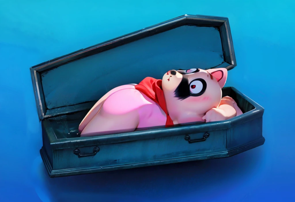 This image features a cartoonish raccoon character lying in a blue coffin. The raccoon is dressed in a purple outfit with a red scarf and has a black mask painted on its face. The character appears to be peacefully resting with its eyes closed. The scene is set against a gradient blue background, which enhances the somber yet whimsical nature of the image. The bright colors of the raccoon's outfit and the coffin create a striking contrast, adding to the surreal and imaginative quality of the scene.