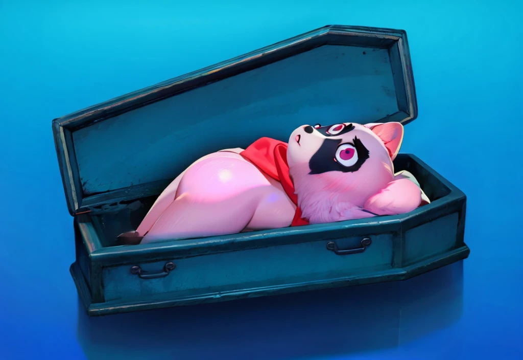 This image features a cartoonish raccoon character lying in a blue coffin. The raccoon is dressed in a purple outfit with a red scarf and has a black mask painted on its face. The character appears to be peacefully resting with its eyes closed. The scene is set against a gradient blue background, which enhances the somber yet whimsical nature of the image. The bright colors of the raccoon's outfit and the coffin create a striking contrast, adding to the surreal and imaginative quality of the scene.