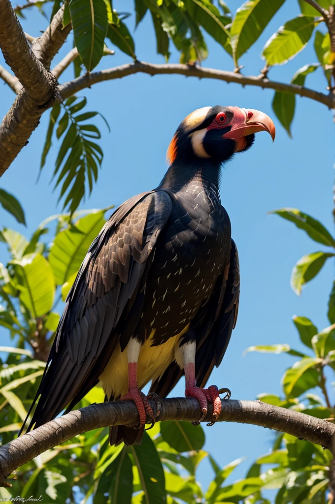 king vulture on tree branch drinking beer