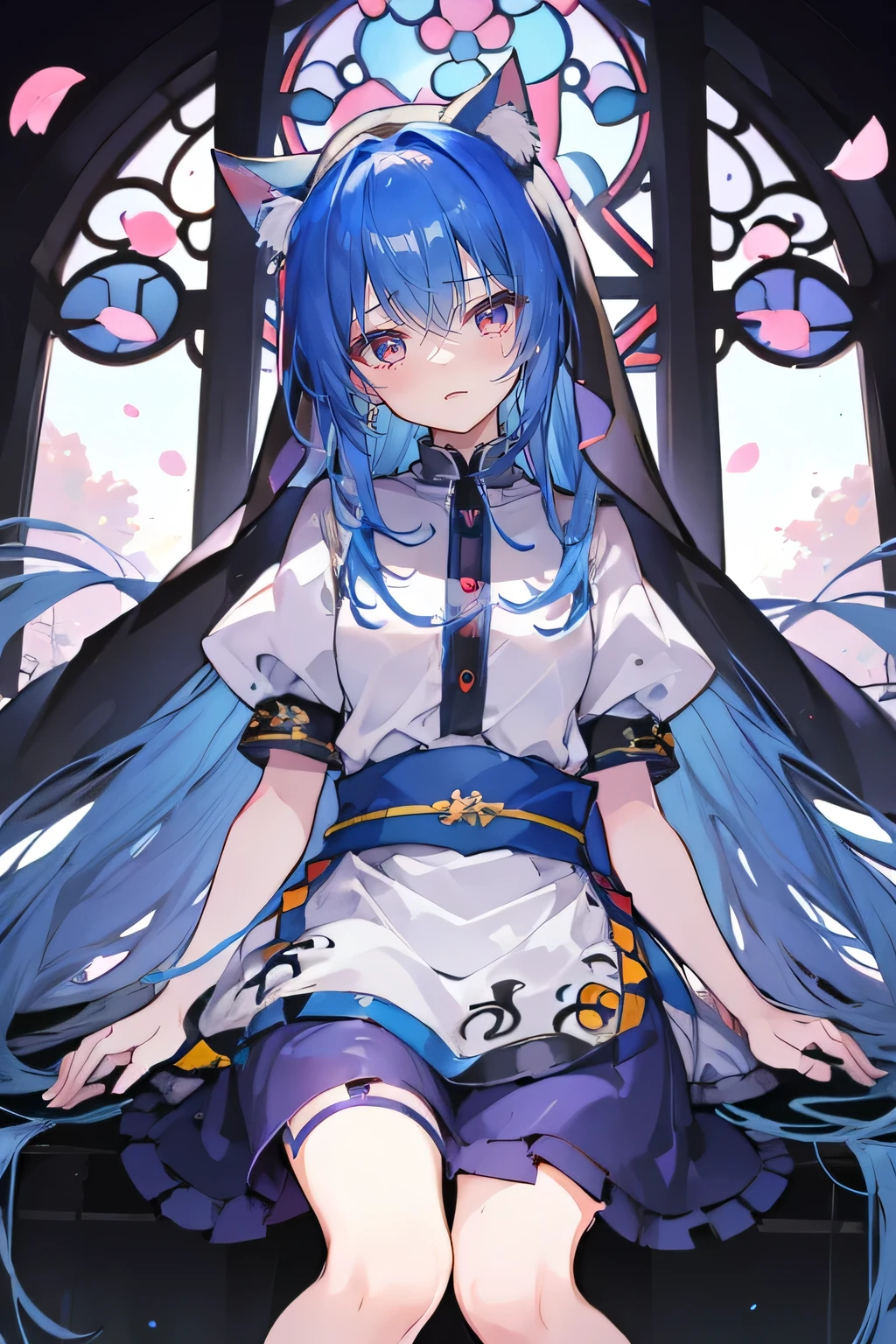 (masterpiece:1.2),Extremely detailed,Practical,expressive eyes,Fair skin,Perfect face shaping,1 Girl,
Japanese cartoons,Gorgeous blue hair, the long flowing blue hair,Floating clothes,Cat ears,Petals fall,beautiful lola,Angel,
Place your hands on your waist,sit elegantly on the ground,Cross your legs,Gentle and peaceful background,stately church,nun。
