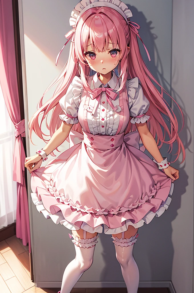 Highest quality、Shiny silk short sleeve puff sleeve pink maid outfit、transparent、Very short skirt、Giant ribbon、A short white ruffled apron、Garter belt with ribbon、Pink high heels with ribbon、Large headband with ribbon、Flushed Cheeks、Embarrassed look、Heavy breathing、Pure white underwear、Soaking wet、storm、Stand on a chair and stretch、Low - Angle