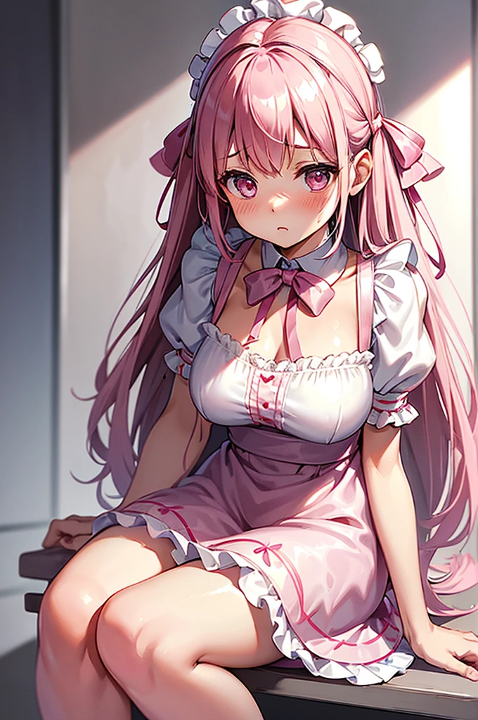 Highest quality、Shiny silk short sleeve puff sleeve pink maid outfit、transparent、Very short skirt、Giant ribbon、A short white ruffled apron、Garter belt with ribbon、Pink high heels with ribbon、Large headband with ribbon、Flushed Cheeks、Embarrassed look、Heavy breathing、Pure white underwear、Soaking wet、storm、Stand on a chair and stretch、Low - Angle