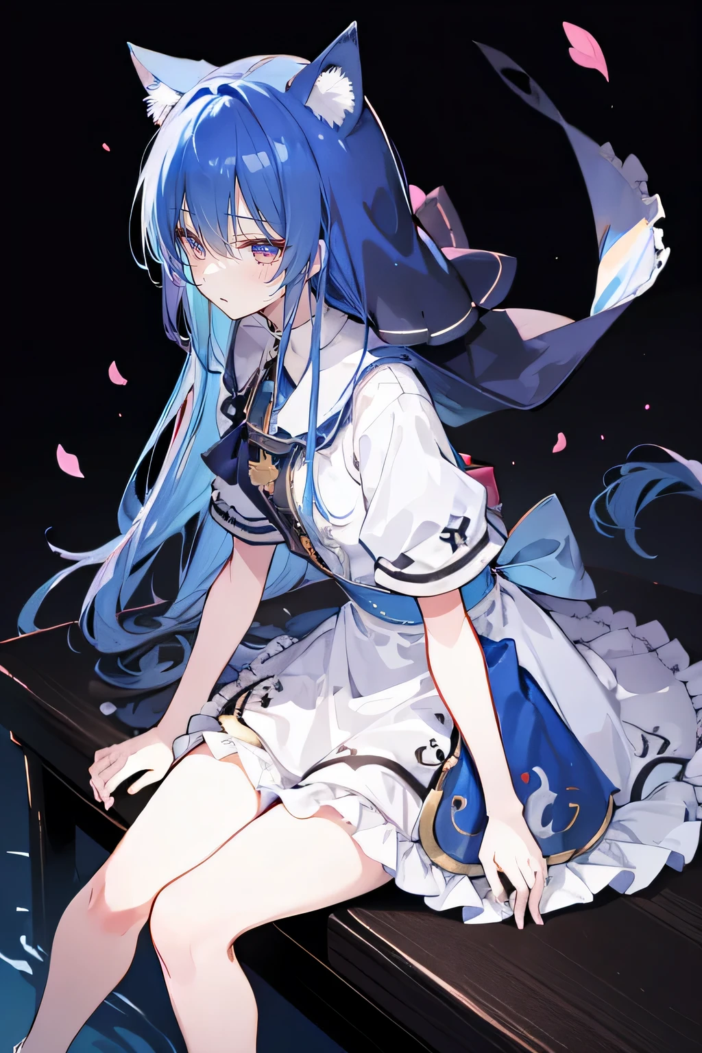 (masterpiece:1.2),Extremely detailed,Practical,expressive eyes,Fair skin,Perfect face shaping,1 Girl,
Japanese cartoons,Gorgeous blue hair, the long flowing blue hair,Floating clothes,Cat ears,Petals fall,beautiful lola,Angel,
Place your hands on your waist,sit elegantly on the ground,Cross your legs,Gentle and peaceful background,stately church,nun。