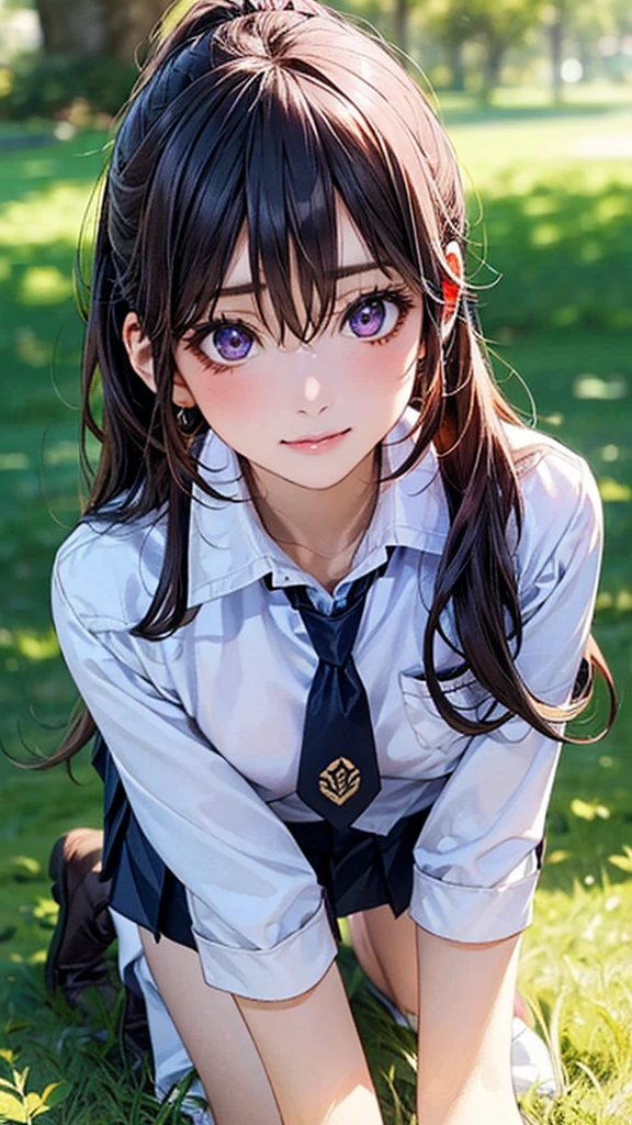 (masterpiece:1.2, top-quality), (realistic, photorealistic:1.4), beautiful illustration, (natural side lighting, movie lighting), nsfw, 
looking at viewer, 1 girl, japanese, high school girl, perfect face, cute and symmetrical face, shiny skin, 
(long hair:1.5, ponytail:1.4, black hair), hair between eyes, purple eyes, glowing eyes, big eyes, long eye lasher, (medium breasts), slender, 
beautiful hair, beautiful face, beautiful detailed eyes, beautiful clavicle, beautiful body, beautiful chest, beautiful thigh, beautiful legs, beautiful fingers, 
((fumizuki academy , white jacket, white collared shirts, navy pleated mini skirt), navy tie), 
(In a grassy field, a girl is on all fours, and a big dog is hugging her back from behind, and their bodies are piled on top of each other.
Her face is bright red and flushed with embarrassment.