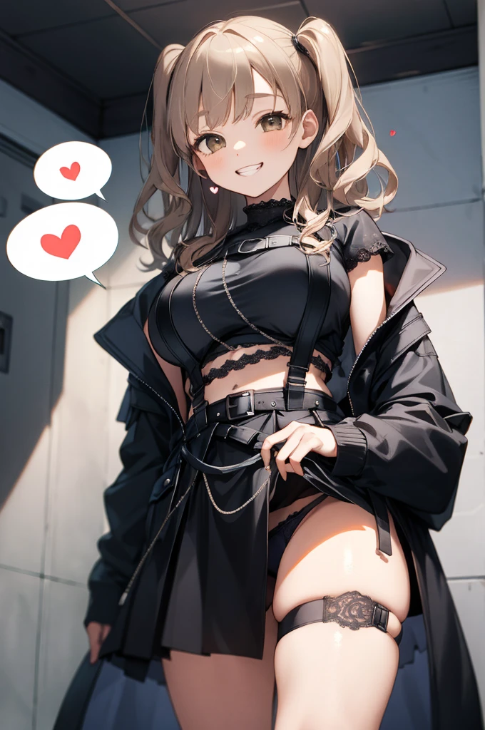 ddsister, long hair, two side up, wavy hair, grin, crop top, cropped shirt, black shirt, chest harness, suspenders, off shoulder, black jacket, open jacket, long sleeves, midriff, miniskirt, black skirt, thigh strap,(((spoken heart))),,,,(((dark room))),church,looking viewer,huge breasts,(from below),(((lace panties)))