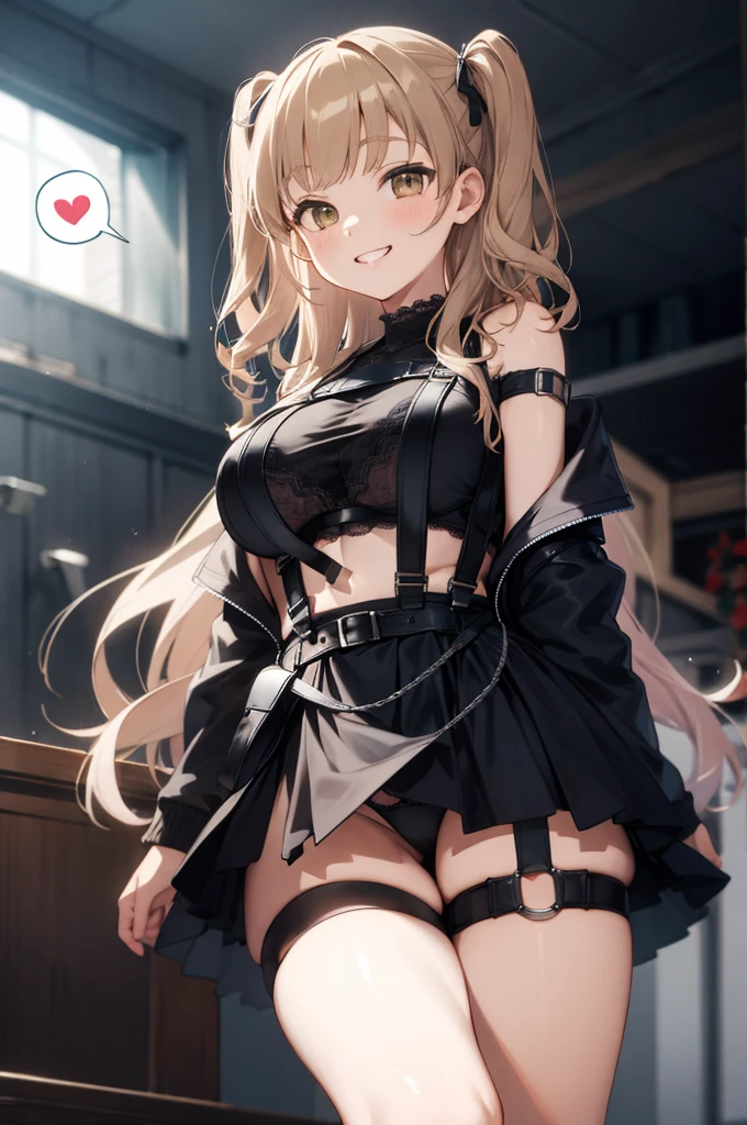 ddsister, long hair, two side up, wavy hair, grin, crop top, cropped shirt, black shirt, chest harness, suspenders, off shoulder, black jacket, open jacket, long sleeves, midriff, miniskirt, black skirt, thigh strap,(((spoken heart))),,,,(((dark room))),church,looking viewer,huge breasts,(from below),(((lace panties)))