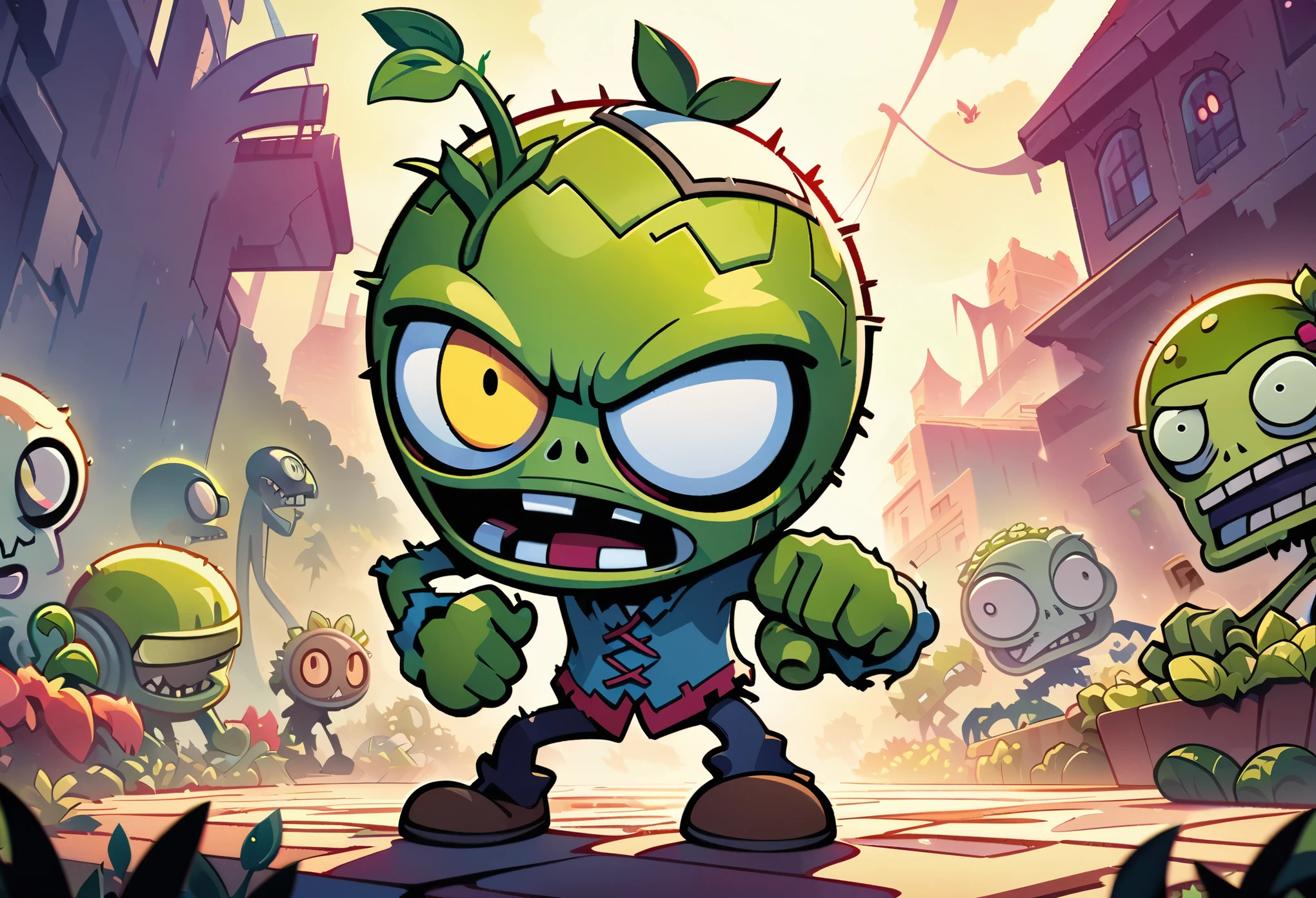 ((Plants vs Zombies, game design)), Official Art, Deformed zombies, Cute illustration, high quality, Surreal, Bright colors, Delicate and beautiful CG art, Detailed illustrations, High Contrast, masterpiece:1.2, 最high quality