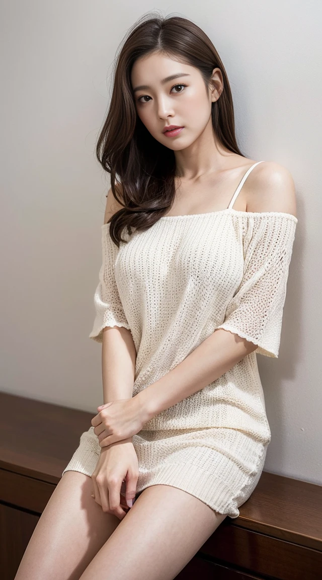 Dark brown hair、Light brown eyes、Japanese actress、 Lady、I am about 40 years old..、(Intricate details:1.2)、(Which one is on top??:1.4)、 (Ultra-high resolution:1.2)、Ultra-high resolution、(Finely tuned)、(Detailed facial features)、Hmph、8K resolution、D cup size breasts、Long Hair、Bright bathroom with sunlight shining in、Large windows、Extravagant space、relax、、,Full body photo、Head to toe shot、Beautiful legs、red　Off-the-shoulder knit、Beautiful legs、A refreshing room filled with sunlight、she, household items,   (plant:0.8), Fashion Hub, Extreme Detail, Very detailed, Realistic, Hourglass-shaped body, Obscene pose,、、私 cry a lot、tears、person on the left、White wall、White floor、diagonally from below、Lift your chin、Put your butt against the wall、relaxした表情、Pose of Weakness、