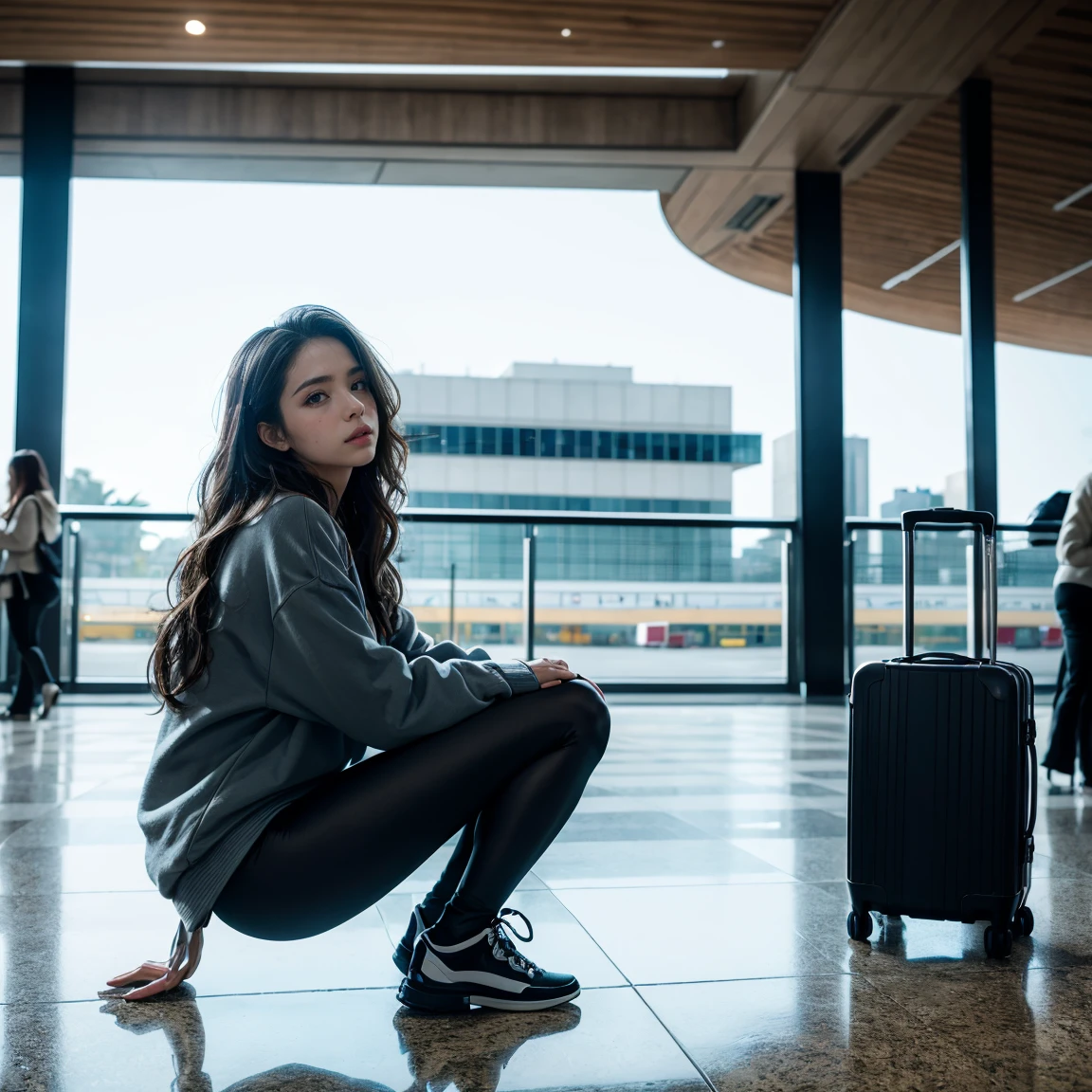 gorgeous young colombianwoman, in the airport a suitcase, wearing a legging and a sweatshirt, full body, beautiful face, masterpiece, best quality, ultra-detailed, solo, shadows, contrast, cinematic light, side lighting, ultra high resolution, best shadow, RAW, 4k, 85 mm, poca profundidad de campo, Kodak Vision Color, estremadamente detailado, Cinematographer_\(ultra\), photorealistic, Realstic, Postproceso, Maximum details, aspereza, vida real, ultra realista, fotorreallsmo, Cinematographer, 8k UHD, Cinematographer