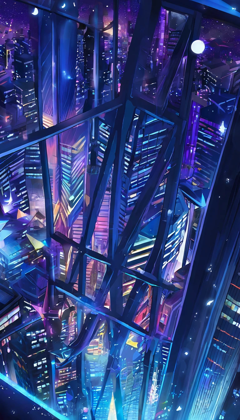 Expressing skyscrapers and window lights at night with vivid colors.、Aerial view、Highest quality、Fantasy art、Beautiful anime scene、Concept Art。Starry Skyの環境、Dream painting、Anime Background Art、Fantasy Landscape Painting、A dreamlike night、Anime Background Artワーク、Dreamy art、Atmospheric anime、Starry Sky、Detail enhancements。