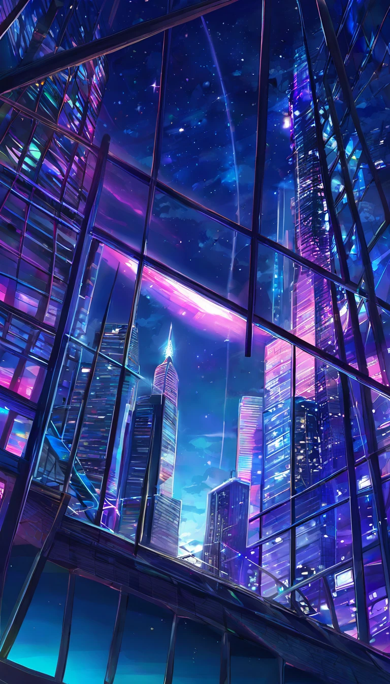 Expressing skyscrapers and window lights at night with vivid colors.、Aerial view、Highest quality、Fantasy art、Beautiful anime scene、Concept Art。Starry Skyの環境、Dream painting、Anime Background Art、Fantasy Landscape Painting、A dreamlike night、Anime Background Artワーク、Dreamy art、Atmospheric anime、Starry Sky、Detail enhancements。