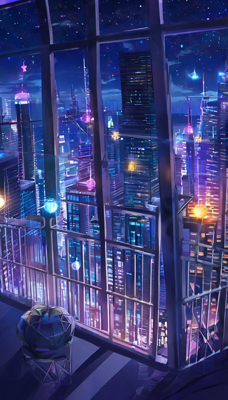 Expressing skyscrapers and window lights at night with vivid colors.、Aerial view、Highest quality、Fantasy art、Beautiful anime scene、Concept Art。Starry Skyの環境、Dream painting、Anime Background Art、Fantasy Landscape Painting、A dreamlike night、Anime Background Artワーク、Dreamy art、Atmospheric anime、Starry Sky、Detail enhancements。