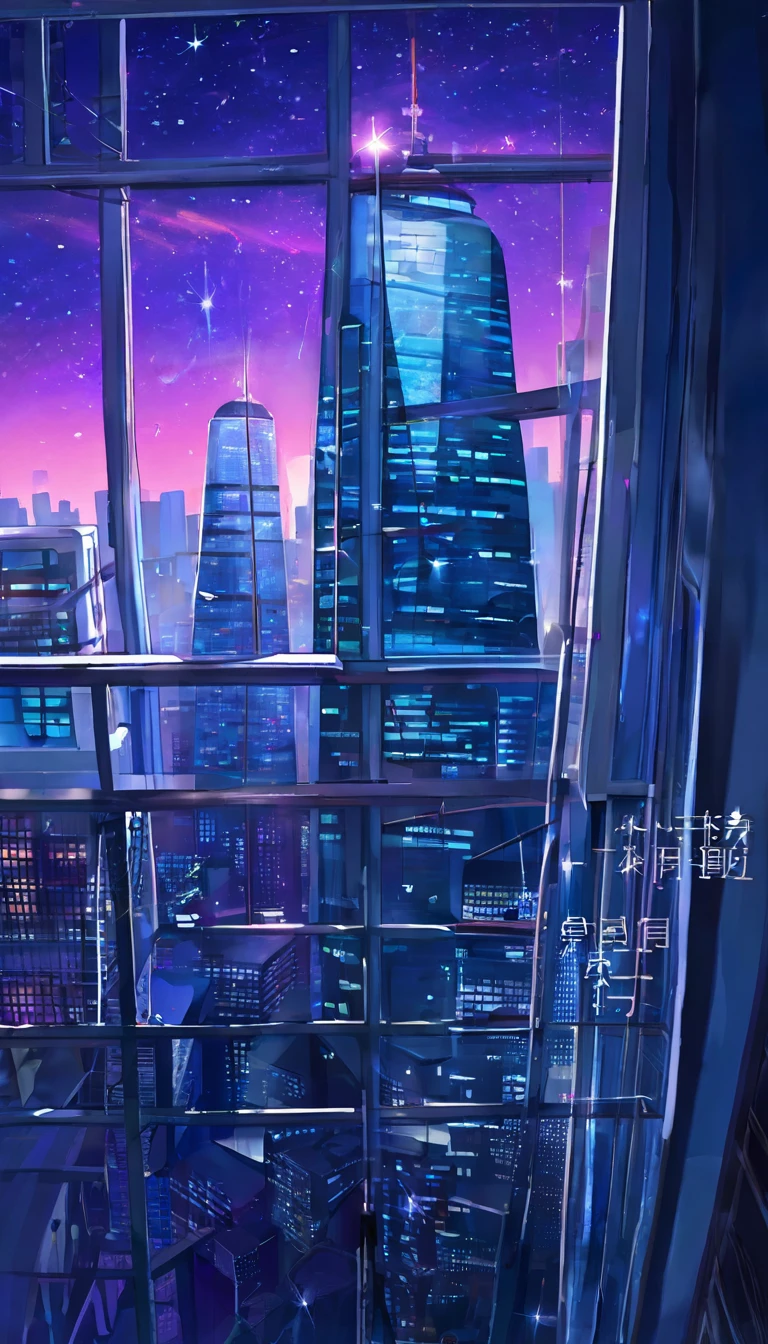 Expressing skyscrapers and window lights at night with vivid colors.、Aerial view、Highest quality、Fantasy art、Beautiful anime scene、Concept Art。Starry Skyの環境、Dream painting、Anime Background Art、Fantasy Landscape Painting、A dreamlike night、Anime Background Artワーク、Dreamy art、Atmospheric anime、Starry Sky、Detail enhancements。