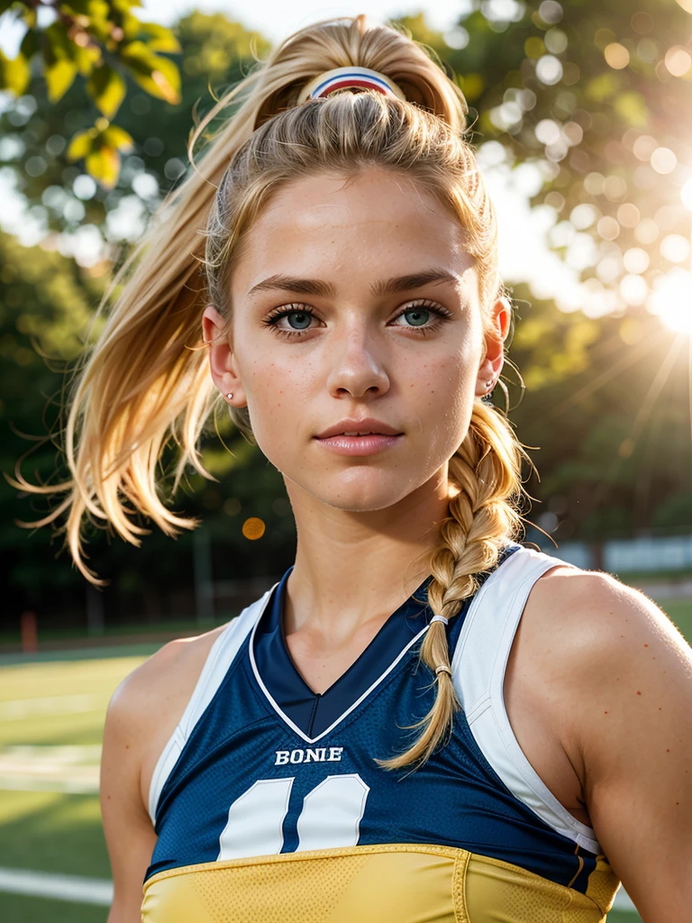 Cowboy shoot, Beautiful blonde, ponytail hairstyle, athletic body, football uniform, posing on a football field, looking at the viewer, sunlight passing through her hair, depth of field, bokeh