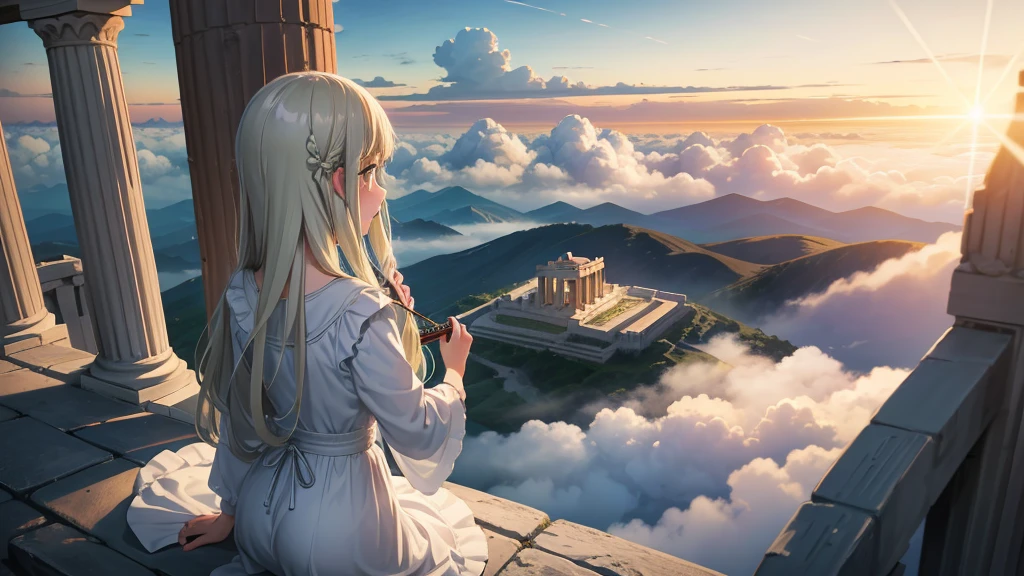 最high quality、high quality、Young Greek God々、Sanctuary Grasslands、Long dress、Full of light、Mysterious、Little angels are playing instruments all around、Greek temple in the clouds、You can see the sea of clouds、skyline、