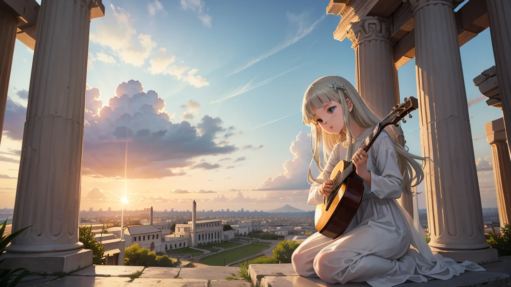 最high quality、high quality、Young Greek God々、Sanctuary Grasslands、Long dress、Full of light、Mysterious、Little angels are playing instruments all around、Greek temple in the clouds、You can see the sea of clouds、skyline、