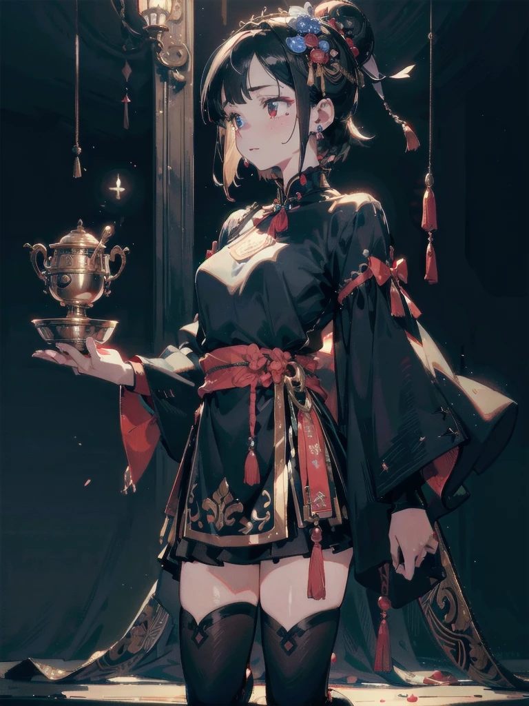 absurdres, RAW photo, extremely delicate and beautiful, masterpiece, Best Quality, ultra high resolution, 32k, hyperrealistic, ultra-detailed, in her 20s, delicate facial features, tearful mole, earring, medium breasts, full body shot, shorter middle hair, black hair, jiangshi, score_9, score_8_up, score_7_up, score_6_up, score_5_up, score_4_up,
