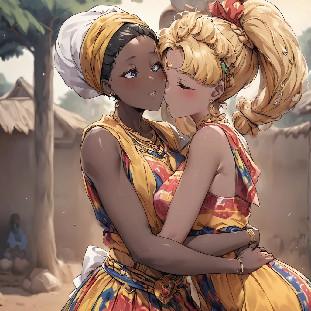 ((Highest quality)), ((masterpiece)), (detailed), (Perfect Face)、The woman is a Ghanaian born Tsukino Usagi with a vivid dark skin, black by birth, and is wearing a colorful Ghanaian dress from a Ghanaian village, a colorful turban head scarf, gorgeous jeweled accessories, and an engagement ring.、The woman is the elegant Tsukino Usagi, with her short black afro hair tied up in a Ghana braid, wearing a colorful Ghanaian dress and a colorful turban head scarf, with vibrant dark brown skin, a natural-born black person, and a natural-born Ghanaian, Tsukino Usagi.、(The woman is a black Ghanaian with vivid dark brown skin.)、A woman and a man are getting married in a village in Ghana, embracing each other and kissing each other in a vow ceremony.、The man is a dignified, bearded, elderly Ghanaian village elder.