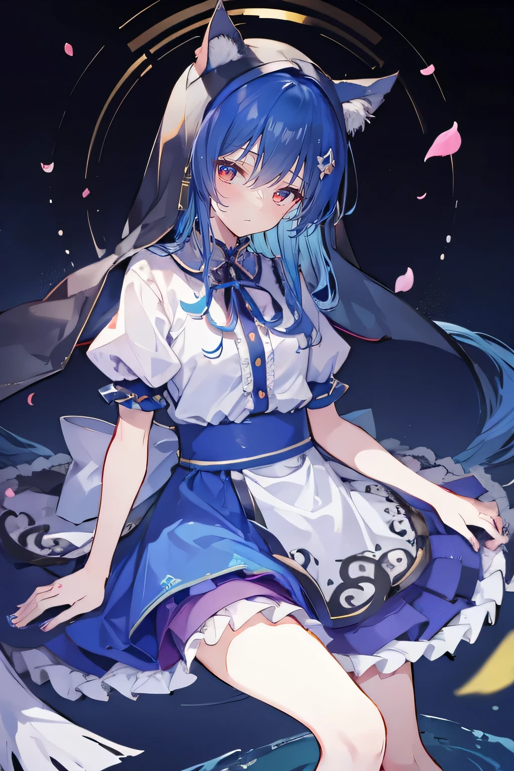 (masterpiece:1.2),Extremely detailed,Practical,expressive eyes,Fair skin,Perfect face shaping,1 Girl,
Japanese cartoons,Gorgeous blue hair, the long flowing blue hair,Floating clothes,Cat ears,Petals fall,beautiful lola,Angel,
Place your hands on your waist,sit elegantly on the ground,Cross your legs,Gentle and peaceful background,stately church,nun。