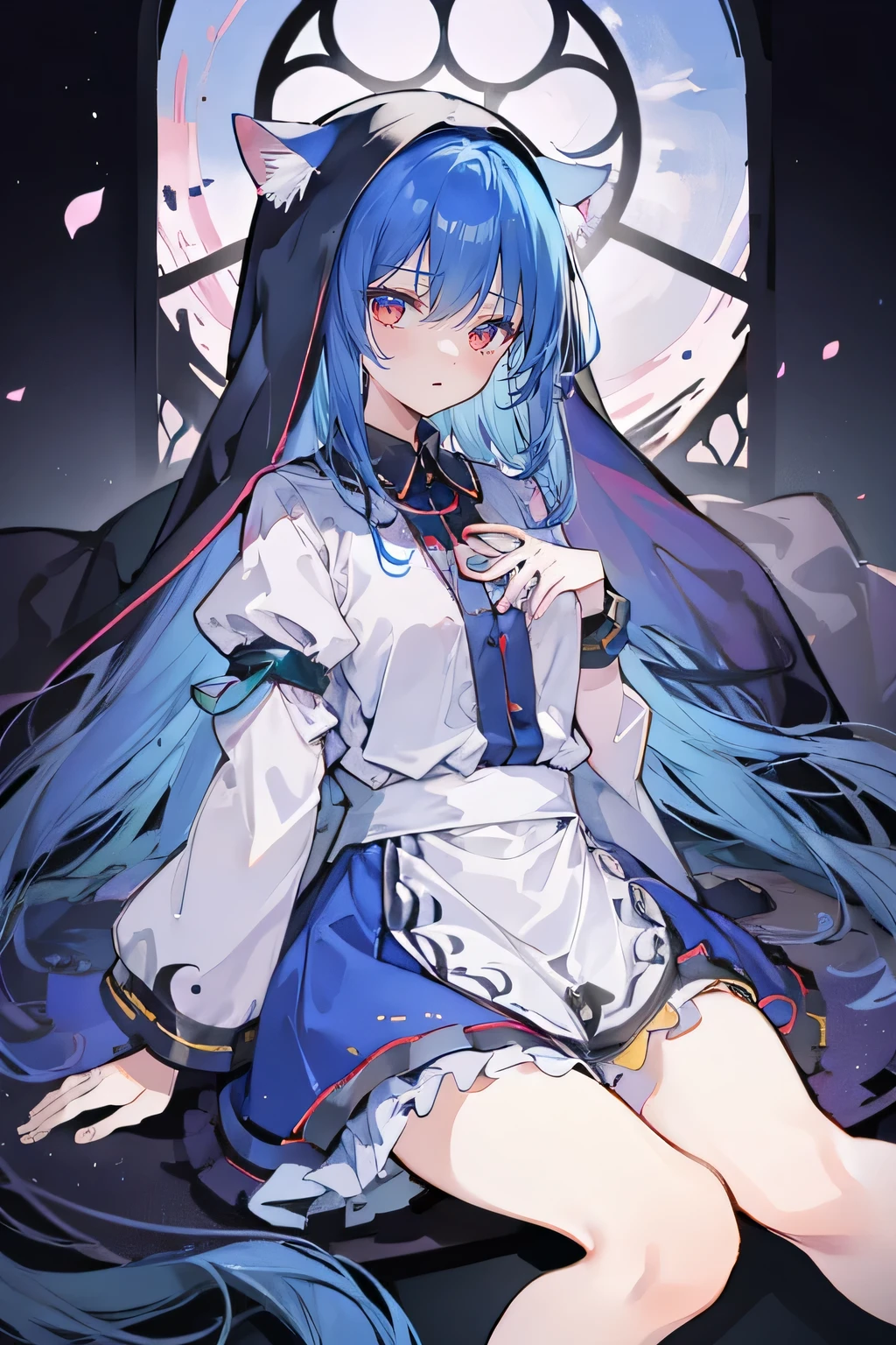 (masterpiece:1.2),Extremely detailed,Practical,expressive eyes,Fair skin,Perfect face shaping,1 Girl,
Japanese cartoons,Gorgeous blue hair, the long flowing blue hair,Floating clothes,Cat ears,Petals fall,beautiful lola,Angel,
Place your hands on your waist,sit elegantly on the ground,Cross your legs,Gentle and peaceful background,stately church,nun。