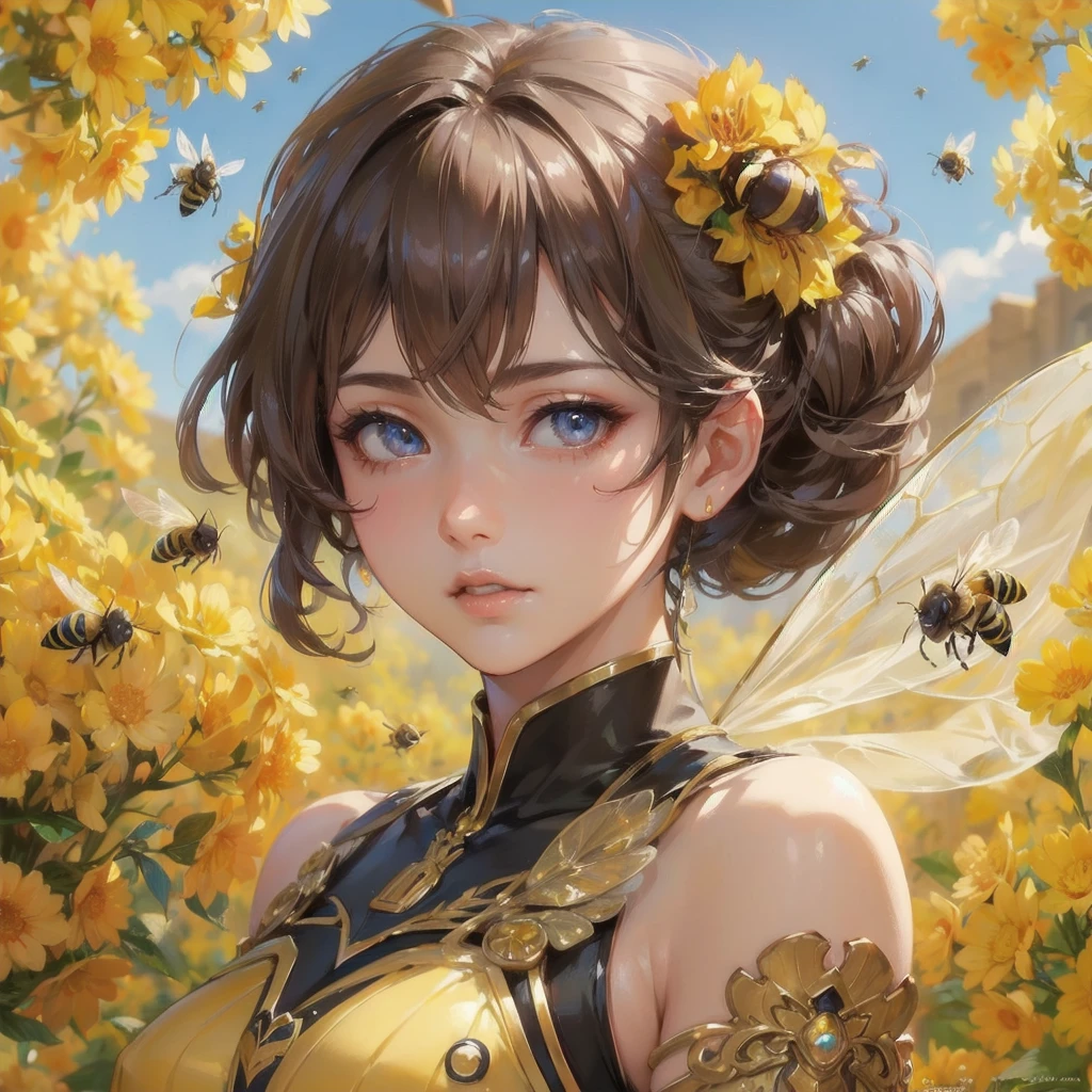 masterpiece, (textured skin), best quality, gorgeous beautiful girl, (a female bee),,detailed clothes,large breasts,narrow waist,, (beautiful face), cinematic lighting, (fantasy anime art ),