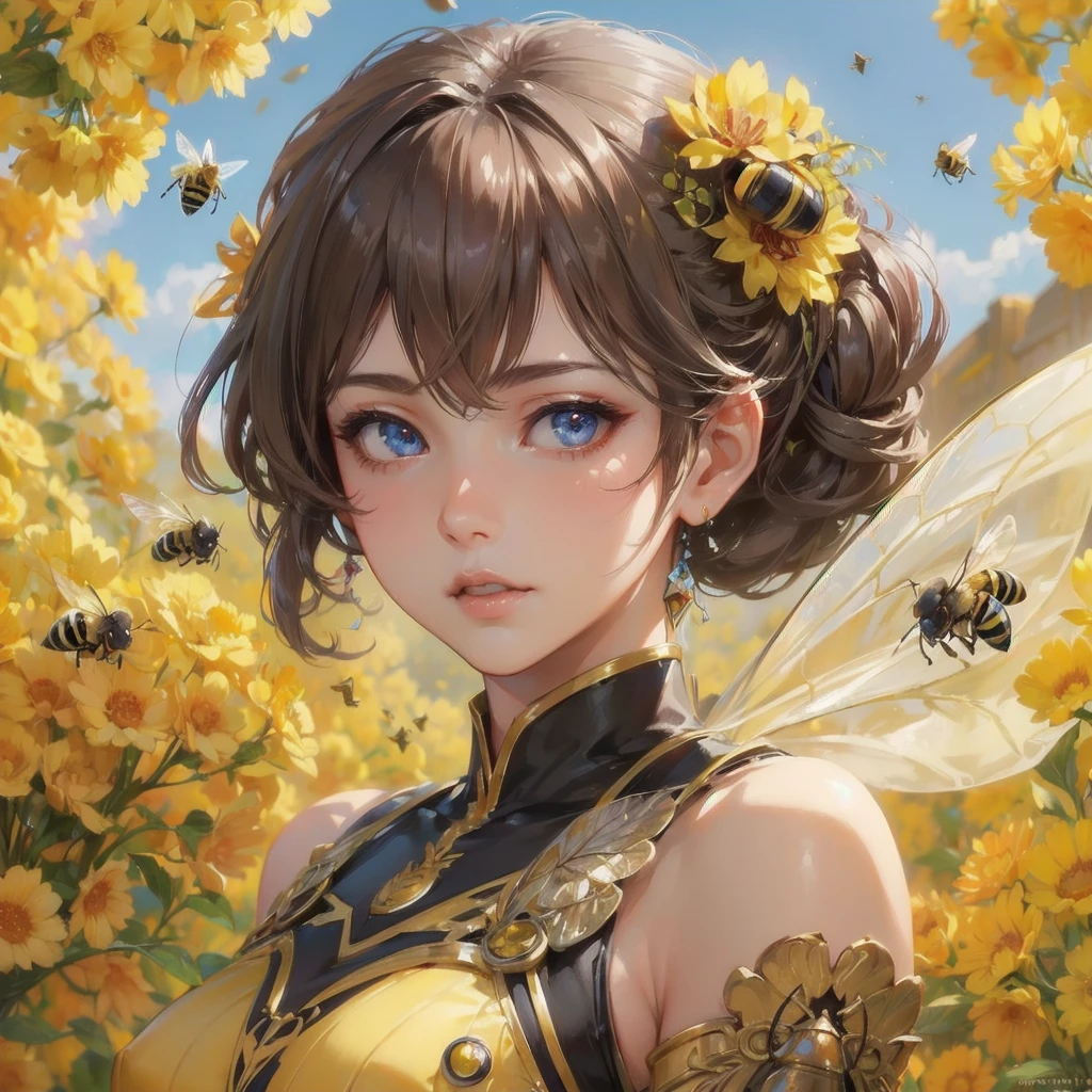  masterpiece, (textured skin), best quality, gorgeous beautiful girl, (a female bee),,detailed clothes,large breasts,narrow waist,, (beautiful face), cinematic lighting, (fantasy anime art ),