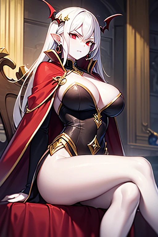 masterpiece, extra limbs, 1vampire lady, 250 years old,(light gold extra long hair), slant blank ruby red eyes, big breasts, muscle,(pale white finely detailed skin), (serious),(((clothed:1.5 Necromancer))),hair ornaments,earrings,cape,evil sword,crossed legs,sitting on throne,old castle,midnight