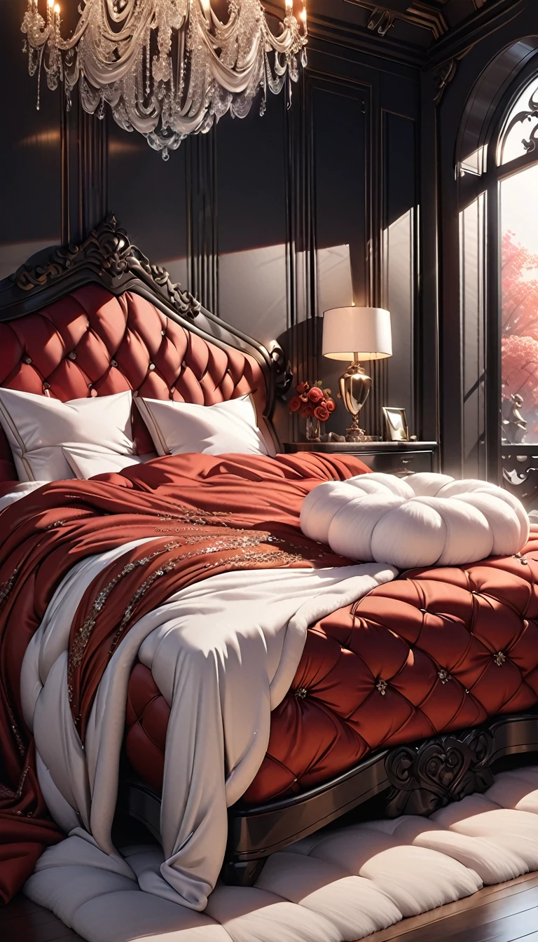 a fluffy red silk duvet, many large silk cushions, a luxurious and fluffy red silk bed, extremely detailed, high quality, 8k, best quality, photorealistic, studio lighting, lush, elegant, soft, delicate, rich, warm colors, serene, luxurious bedroom interior, plush, velvety, opulent, ornate, detailed silk textures, fine details, sumptuous, sophisticated, lavish, exquisite, opulent, refined, grandiose, magnificent, White chocolate sauce scattered throughout.