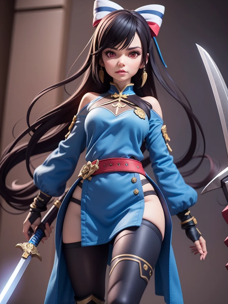 female mascot, small, , Ray-tracing, Waist slender, small, with ancient clothes, detailed, Russian robes, warm clothing, hot pants e botas, with sword in hand, futuristic gun pointing left, pose to the left, detailed doom style sword, large sword with different colors, futuristic sword, cintura small, complex light, cyberpunk sword in hand, sock with horizontal stripes in two colors up to the thigh, complex light, wool, pants with many folds, exclusive gloves, dynamic position, dark look, dark look, giant sword in hand, attacking, belts around the waist, detailed hem, giant laser sword, dark look, shorts, Darkening, Eyes red, Traits I didn't bring, prints, big thorns bracelet, shorth hair, Power spells,High subsurface, High subsurface, occlusion environment, ((dark look)), dark look, black costumes, shorth hair, big gloves, Bodysuit, (tied hair), hair divided into two, full-body vision, hair tied with ribbons and large bows, joelheiras detailed, ((blackquality hair)), ((blue short dress with stylish rip at the waist)),mortal kombat, detailed top, shoulder pads rich in details, Thigh-high boots, hair divided into two, stamped, red details,((sexy))