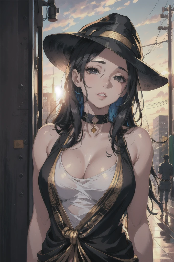 highres, highest quallity, illustration,  ultra detailed, (detailed face), (detailed eyes), soft lighting, best quality, hazy glow, dreamy atmosphere, hyper detailed, masterpiece, 1girl, solo,black long hair, (black eyes:1.2), (white tank top:1.0), luminous eyes, (colorful),from below, outdoors, clouds, tall buildings in background, industrial, public transportation, urban, concrete, sidewalk,summer, black Dhaka topi,black choker, silver bracelet,(wet:0.8),(sweat:0.8) ,(parted lips:1.3),backlighting, Radiant Sunset, Golden Embrace, Vibrant Twilight, Ablaze in Colors, Serenading Sun, bedroom eyes, romantic, looking pleasured, open smile, (hand on headwear:1.0)