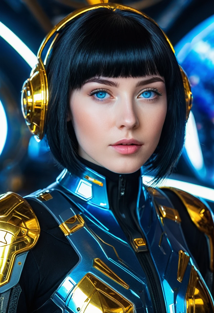 a beautiful 21 yo Arkansas woman with short black bob angel hair, blue eyes wearing a New Foundland military space battle suit next to gold and chrome futuristic Venusian spacecraft, intricate detailing, HDR, vibrant contrast, 32k resolution, luminism lighting techniques, ultra-realistic digital render, bokeh, mass effect, close up black, beauty, pure perfection, divine presence, unforgettable, impressive, breathtaking beauty, Volumetric light, auras, rays, 8k uhd, dslr, soft lighting, high quality, natural textures 8k masterpiece canon eos r4s 50