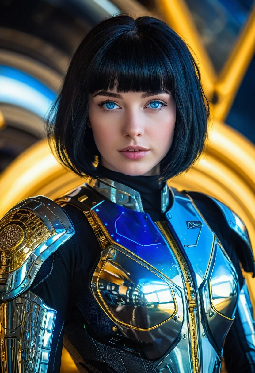 a beautiful 21 yo Arkansas woman with short black bob angel hair, blue eyes wearing a New Foundland military space battle suit next to gold and chrome futuristic Venusian spacecraft, intricate detailing, HDR, vibrant contrast, 32k resolution, luminism lighting techniques, ultra-realistic digital render, bokeh, mass effect, close up black, beauty, pure perfection, divine presence, unforgettable, impressive, breathtaking beauty, Volumetric light, auras, rays, 8k uhd, dslr, soft lighting, high quality, natural textures 8k masterpiece canon eos r4s 50