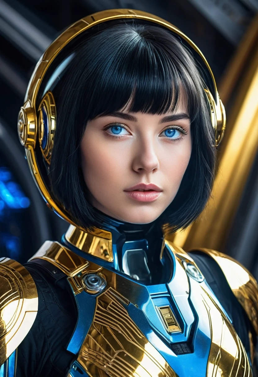 a beautiful 21 yo Arkansas woman with short black bob angel hair, blue eyes wearing a New Foundland military space battle suit next to gold and chrome futuristic Venusian spacecraft, intricate detailing, HDR, vibrant contrast, 32k resolution, luminism lighting techniques, ultra-realistic digital render, bokeh, mass effect, close up black, beauty, pure perfection, divine presence, unforgettable, impressive, breathtaking beauty, Volumetric light, auras, rays, 8k uhd, dslr, soft lighting, high quality, natural textures 8k masterpiece canon eos r4s 50