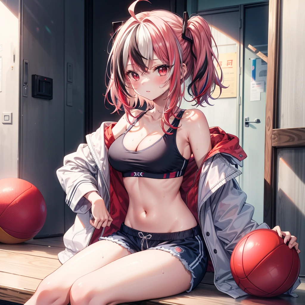 ((Highest quality)), ((masterpiece)), (detailed), a beautiful red haired anime girl in boxers and bra standing next to a yoga ball, 1girl, good, breasts, 独奏, hair good, shorts, navel, sweat, ahoge, looking at viewer, red eyes, Virtual Youtuber, red hair, sitting, underwear, sports bra, blush, cleavage, streaked hair, blue shorts, sweat