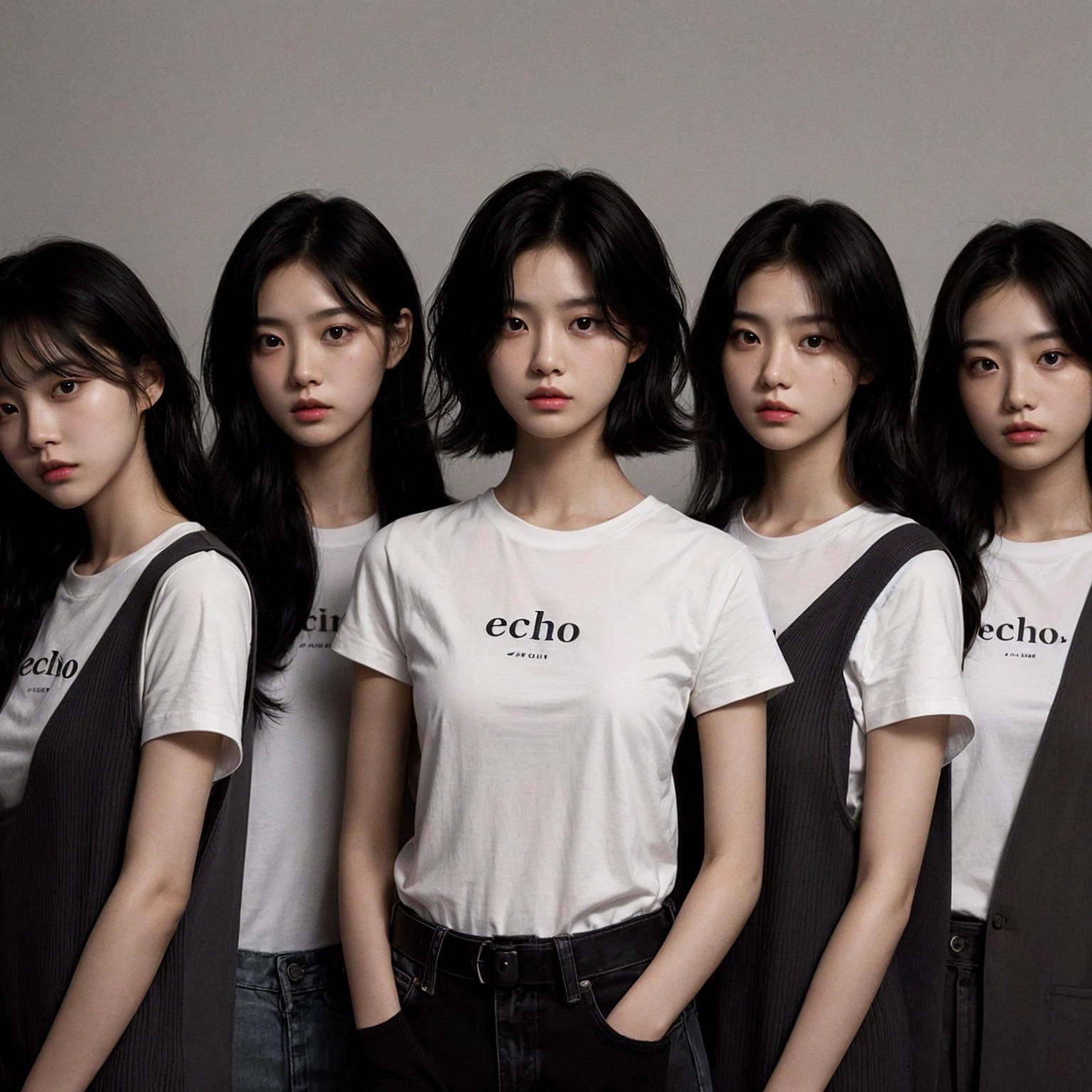 5 Korean girls standing in a line from right to left. Ages range from 16 to 20 years old. Medium black hair (((3 girls with messy hairstyles), (1 girl with a wavy bob hairstyle), (1 girl with a ponytail hairstyle))), medium chest size, medium arm size, perfect body. Wearing plain white t-shirts with the word "ECHO", wearing vests, serious expressions looking at the camera. Gray background.