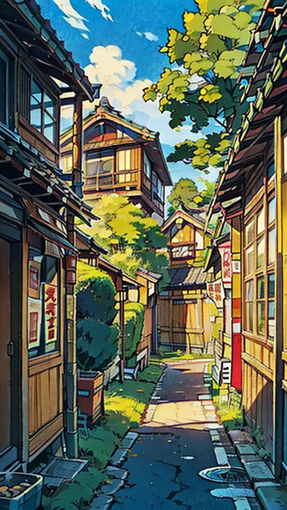 urban Japanese street next to stream of water, traditional Japanese lantern, (no one: 1), no one in sight, no people, best quality, anime, anime style, lofi, calm, row of building next to river, urban Japanese street next to stream of water, traditional Japanese lantern, (no one: 1), no one in sight, no people, best quality, anime, anime style, lofi, calm, row of building next to river, anime background, anime wallpaper, anime, anime style, lofi, lofi style, modern japanese street, modern japanese architecture, japanese convenience store, big retro japanese shop signs, retro japanese store, trees, plants, rocks, plant pots, shop signs, japanese banners, japanese signs, flags, sunrise,  empty street, no one in sight, (no one: 1), best quality, rural tokyo, sun in sky, view from balcony of nearby apartment