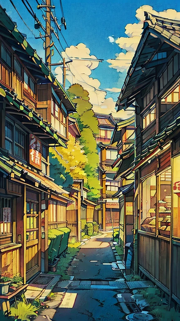 urban Japanese street next to stream of water, traditional Japanese lantern, (no one: 1), no one in sight, no people, best quality, anime, anime style, lofi, calm, row of building next to river, urban Japanese street next to stream of water, traditional Japanese lantern, (no one: 1), no one in sight, no people, best quality, anime, anime style, lofi, calm, row of building next to river, anime background, anime wallpaper, anime, anime style, lofi, lofi style, modern japanese street, modern japanese architecture, japanese convenience store, big retro japanese shop signs, retro japanese store, trees, plants, rocks, plant pots, shop signs, japanese banners, japanese signs, flags, sunrise, empty street, no one in sight, (no one: 1), best quality, rural tokyo, sun in sky, view from balcony of nearby apartment