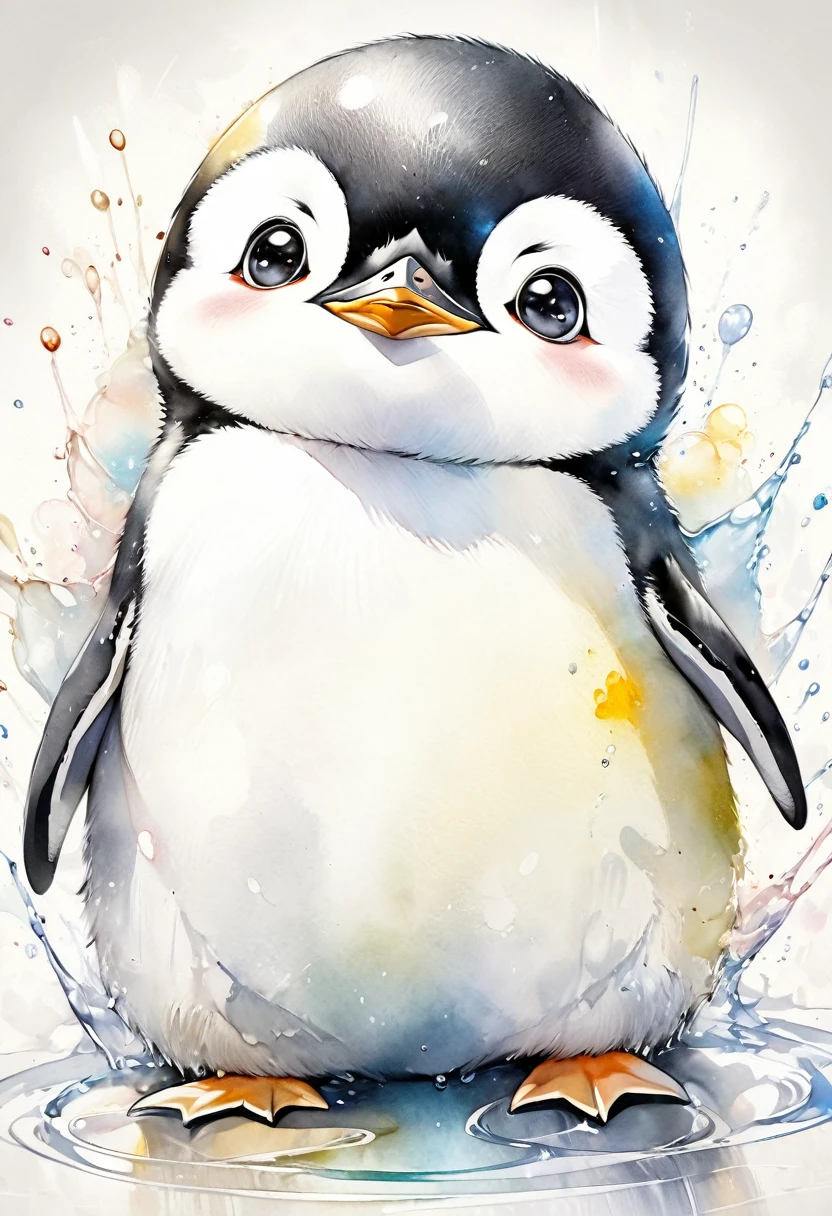 best quality, super fine, 16k, incredibly absurdres, extremely detailed, 2.5D, delicate and dynamic, fusion of watercolors and oil paintings, mix of monochrome and color, funny baby penguin portrait, cute face, cute pose