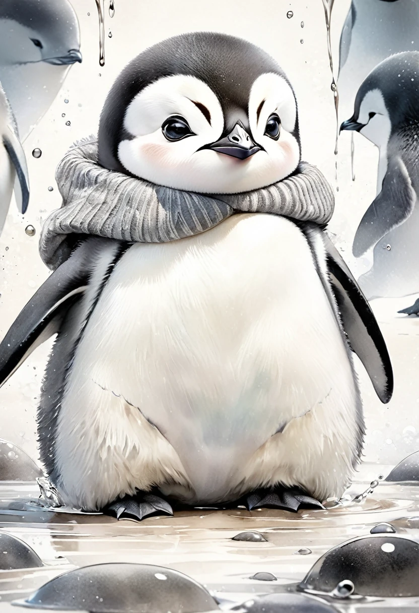 best quality, super fine, 16k, incredibly absurdres, extremely detailed, 2.5D, delicate and dynamic, fusion of watercolors and oil paintings, mix of monochrome and color, funny baby penguin portrait, cute face, cute pose