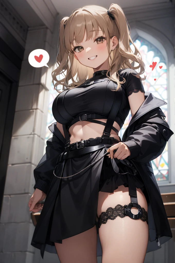 ddsister, long hair, two side up, wavy hair, grin, crop top, cropped shirt, black shirt, chest harness, suspenders, off shoulder, black jacket, open jacket, long sleeves, midriff, miniskirt, black skirt, thigh strap,(((spoken heart))),,,,(((dark room))),church,looking viewer,huge breasts,(from below),(((lace panties)))