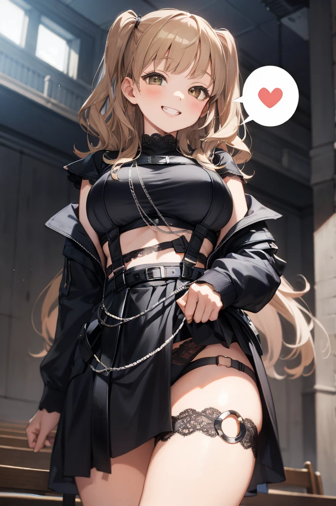 ddsister, long hair, two side up, wavy hair, grin, crop top, cropped shirt, black shirt, chest harness, suspenders, off shoulder, black jacket, open jacket, long sleeves, midriff, miniskirt, black skirt, thigh strap,(((spoken heart))),,,,(((dark room))),church,looking viewer,huge breasts,(from below),(((lace panties)))