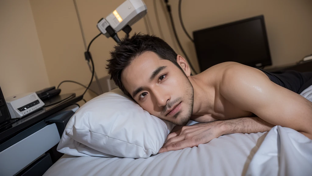 A handsome 30-year-old man with spinal cord injury and quadriplegia, with a ventilator inserted into his trachea and leaning on the bed