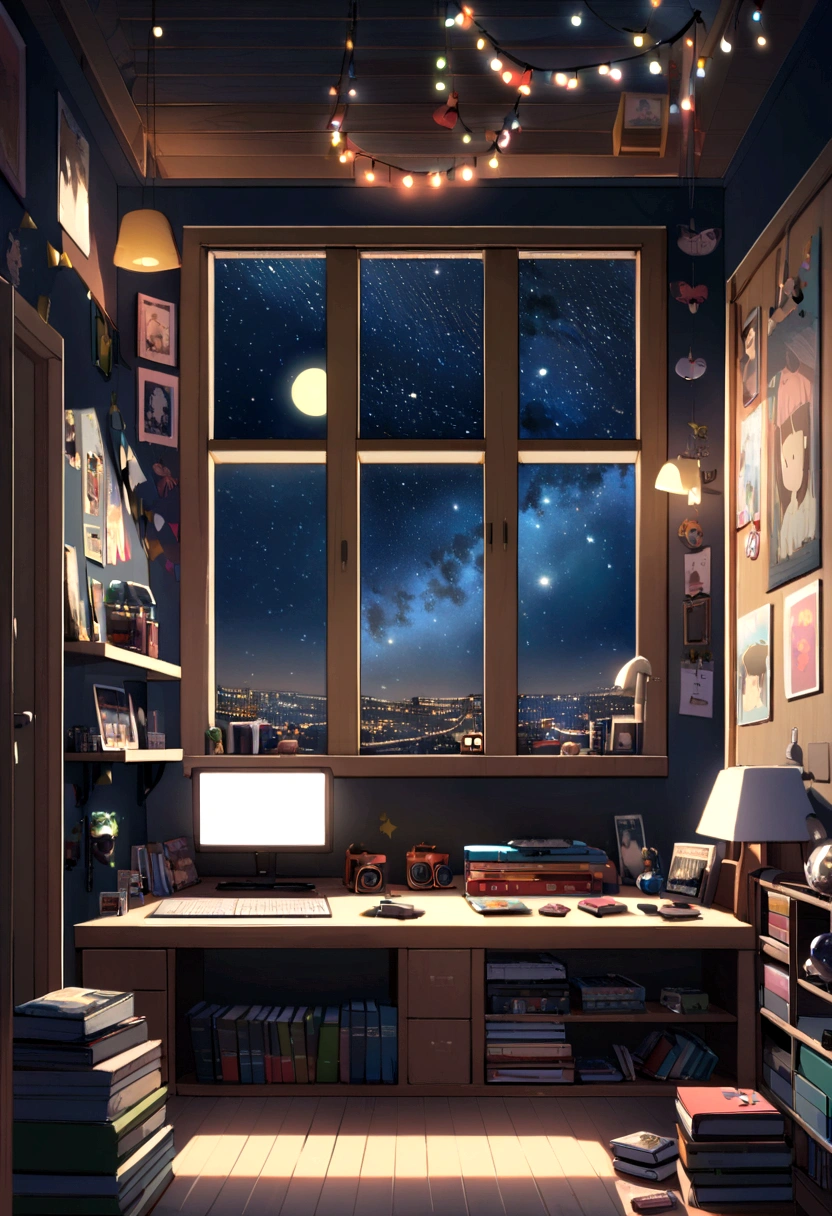 Beautiful gamer room with lots of decorations, Photos and books、And in the room with the window open to see the starry night sky,、No features