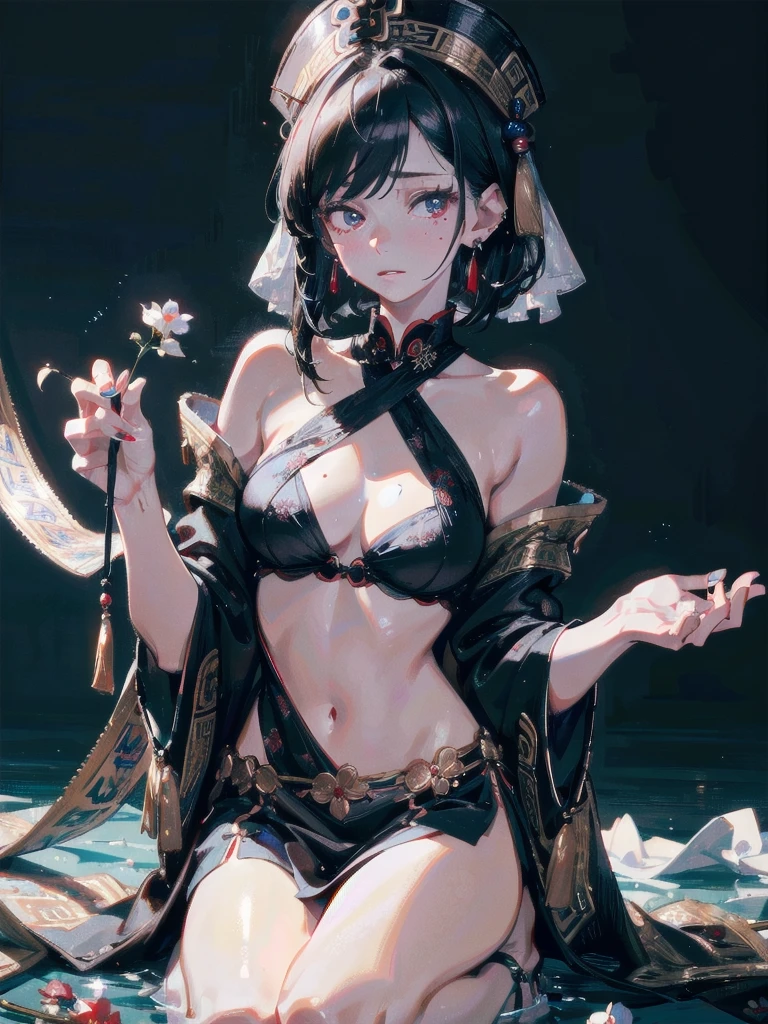 absurdres, RAW photo, extremely delicate and beautiful, masterpiece, Best Quality, ultra high resolution, 32k, hyperrealistic, ultra-detailed, in her 20s, delicate facial features, tearful mole, earring, medium breasts, full body shot, shorter middle hair, black hair, jiangshi,