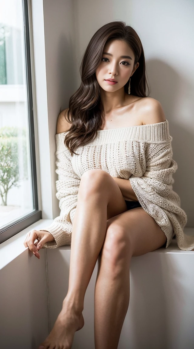 Dark brown hair、Light brown eyes、Japanese actress、 Lady、I am about 40 years old...、(Intricate details:1.2)、(Which is the top???:1.4)、 (Ultra-high resolution:1.2)、Ultra-high resolution、(Finely tuned)、(Detailed facial features)、Hmph、8K resolution、D cup size breasts、Long Hair、Bright bathroom with sunlight shining in、Large windows、Extravagant space、relax、、,Full body photo、Head to toe shot、Beautiful feet、red　Off-the-shoulder knit、Beautiful feet、A refreshing room filled with sunlight、she, household items,   (plant:0.8), Fashion Hub, Attention to detail, Very detailed, Realistic, Hourglass Shaped Body, Obscene pose,、、私 cry a lot、tears、person on the left、White wall、White floor、diagonally from below、Please lift your chin、Put your butt against the wall、relaxした表情、Pose of Weakness、