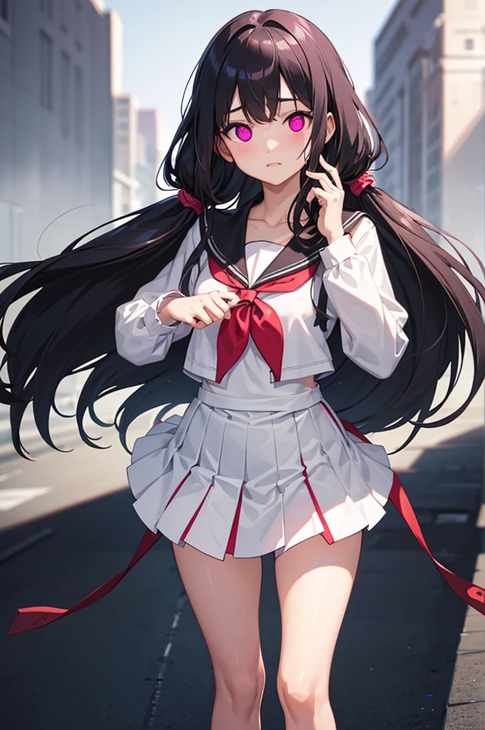 NSFW, collarbone, absurd, brainwashed, combatant, hollow eyes, ((purple glowing eyes 1.5)), expressionless, emotion removed, ((black shadaloo suit)), looking away, full body shape, ((standing up, saluting)), (highest quality, 4k, 8K, high resolution, required:1.2), ultra detailed, (real, it looks real, looks real:1.37), ticker, hyper hd, studio lighting, ultra detailed paint, sharp focus, physically based rendering, extreme detail, professional, vibrancy and color, blurry, sports portrait, landscape, horror style, anime big , sci-fi, photography, concept artist, five fingers, perfect body, {{{masterpiece}}}, {{{best quality}}}, {{ultra detailed}}, {{shape}, {{very delicate and beautiful}}, value for money, all roles, Canon 5D  MK4 photo, photo, (1 person: 1.2), (solo: 1.2), masutepiece, nffsw, shader, highest quality,, elementary school student, (((magical girl outfit))), standing picture, ratex, tight long gloves, long boots, twin tails, long hair, pink hair, belly button exposed, both hands holding up skirt, black lace panties, panty shot, (NSFW: 0.8),