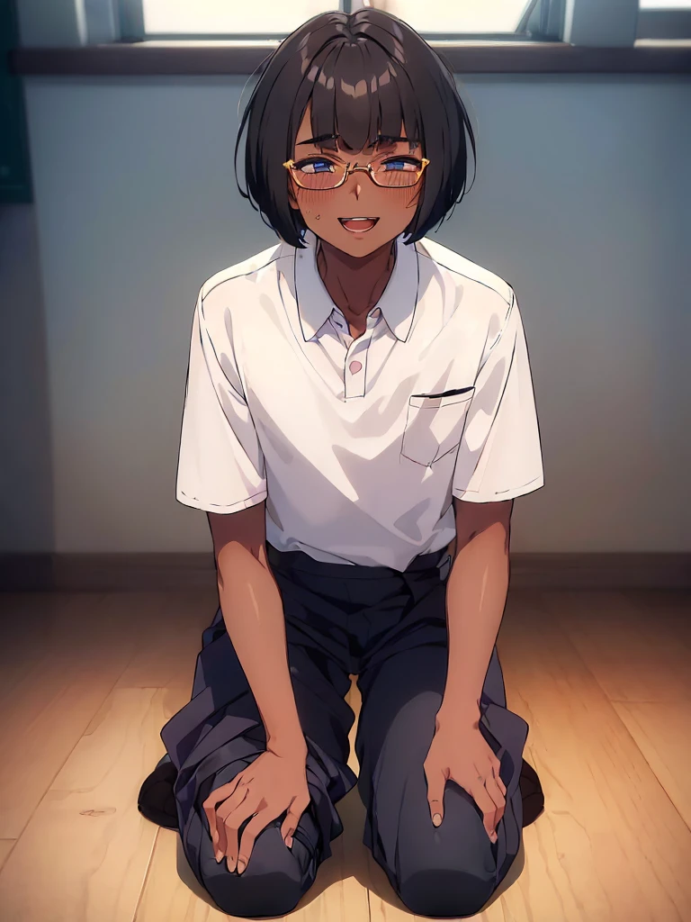 (1 feminine boy solo:1.7),(dark skin:1.5),(masterpiece:1.2), highest quality, High resolution, unity 8k wallpaper, (fine and beautiful eyes:1.6), highly detailed face, perfect lighting, Detailed CG, (perfect hands, perfect anatomy),20 years old, (black hair:1.3), detailed eyes, best quality, extremely detailed, very precise detailed, (glasses:1.4), (blunt bangs:1.5), (open mouth:1.2), (short hair:1.5), (evil smile:1.4), , (half closed eyes:1.3) ,long sidelocks, (blush:1.3),(kneeling:1.3),(Put left knee in front:1.5),(school uniform pant:1.5),